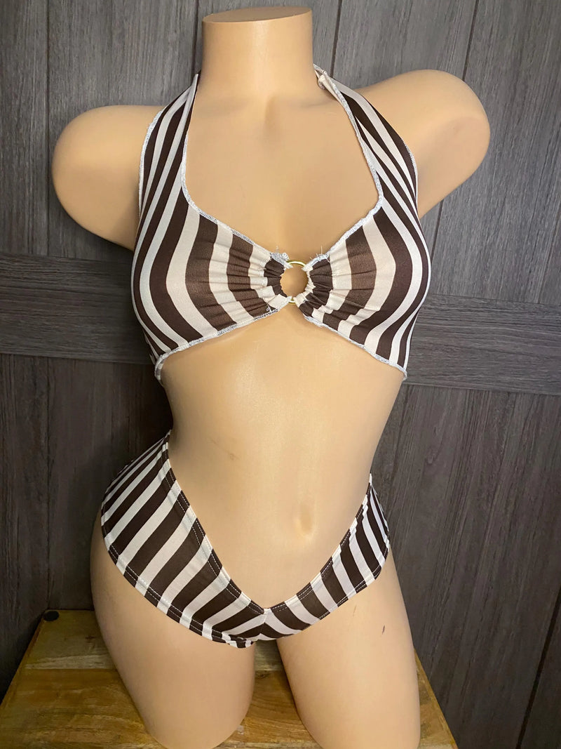 JILLYROCKS 2PC BROWN STRIPE O-RING HALTER TOP SHORT SET