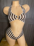 JILLYROCKS 2PC BROWN STRIPE O-RING HALTER TOP SHORT SET