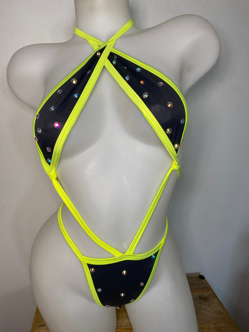 JILLYROCKS 1 PC NEON YELLOW  GREY CROSSOVER BODYSUIT