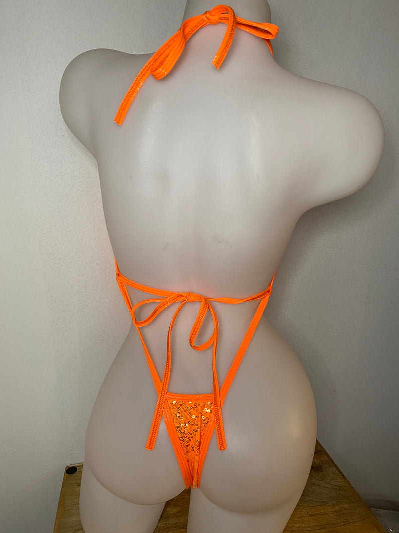 JILLYROCKS 1 Pc NEON Orange sequin tonga tie swimsuit
