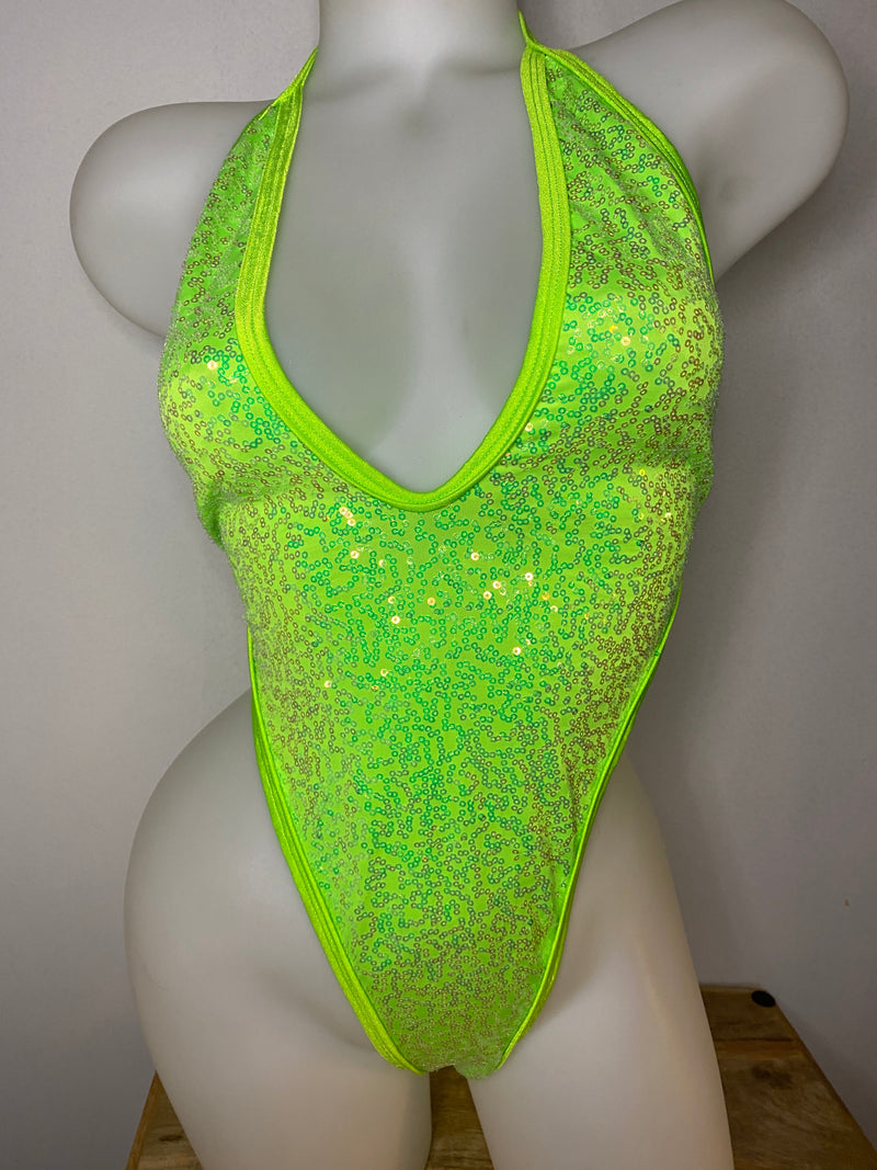 JILLYROCKS 1 PC NEON green sequin tie tonga bodysuit swimsuit