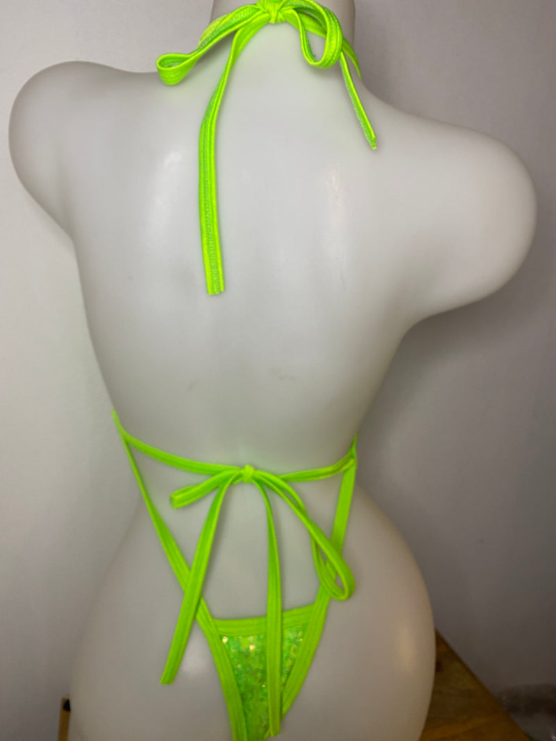 JILLYROCKS 1 PC NEON green sequin tie tonga bodysuit swimsuit