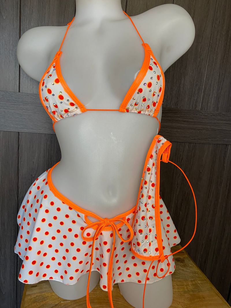 JILLYROCKS 3 Pc Orange polka dot Exotic micro bikini with adjustable sizing flare skirt swimwear set RAVE fesival wear