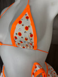JILLYROCKS 3 Pc Orange polka dot Exotic micro bikini with adjustable sizing flare skirt swimwear set RAVE fesival wear