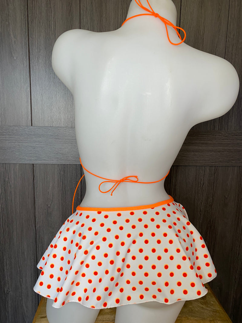JILLYROCKS 3 Pc Orange polka dot Exotic micro bikini with adjustable sizing flare skirt swimwear set RAVE fesival wear