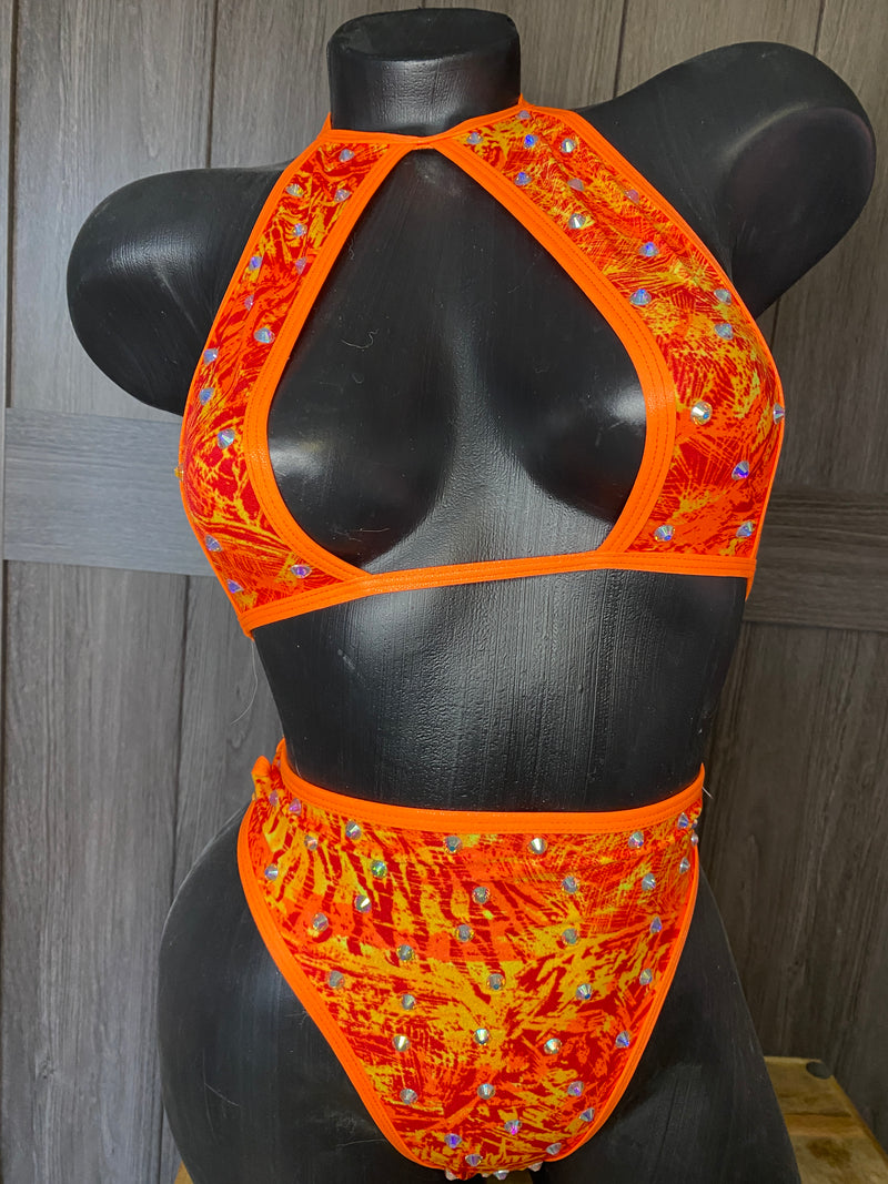 JILLYROCKS 2 PC Exotic orange Tropical halter top High waist elastic thong bikini crystal rhinestone bling