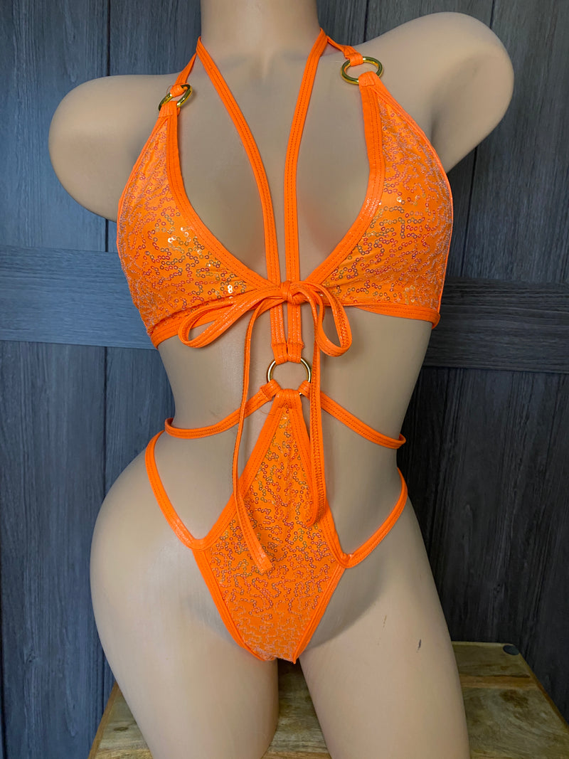 JILLYROCKS 2 pc Orange sequin  triangle bikini top triple strap tonga bottom swimsuit