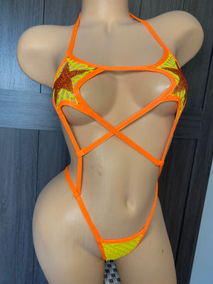 JILLYROCKS 1 Pc Orange crystal Rhinestone STAR  FIRE exotic thong bodysuit Rave festival costume