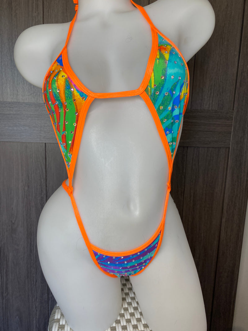 JILLYROCKS 1 Pc DIAMOND Exotic thong Tropical print bodysuit