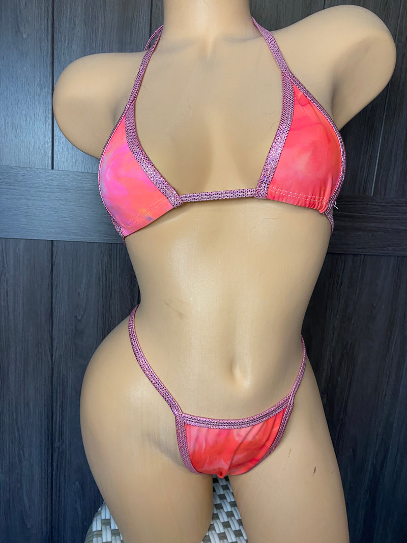 JILLYROCKS 2 Pc Pink Watercolor micro triangle top thong bikini bottom