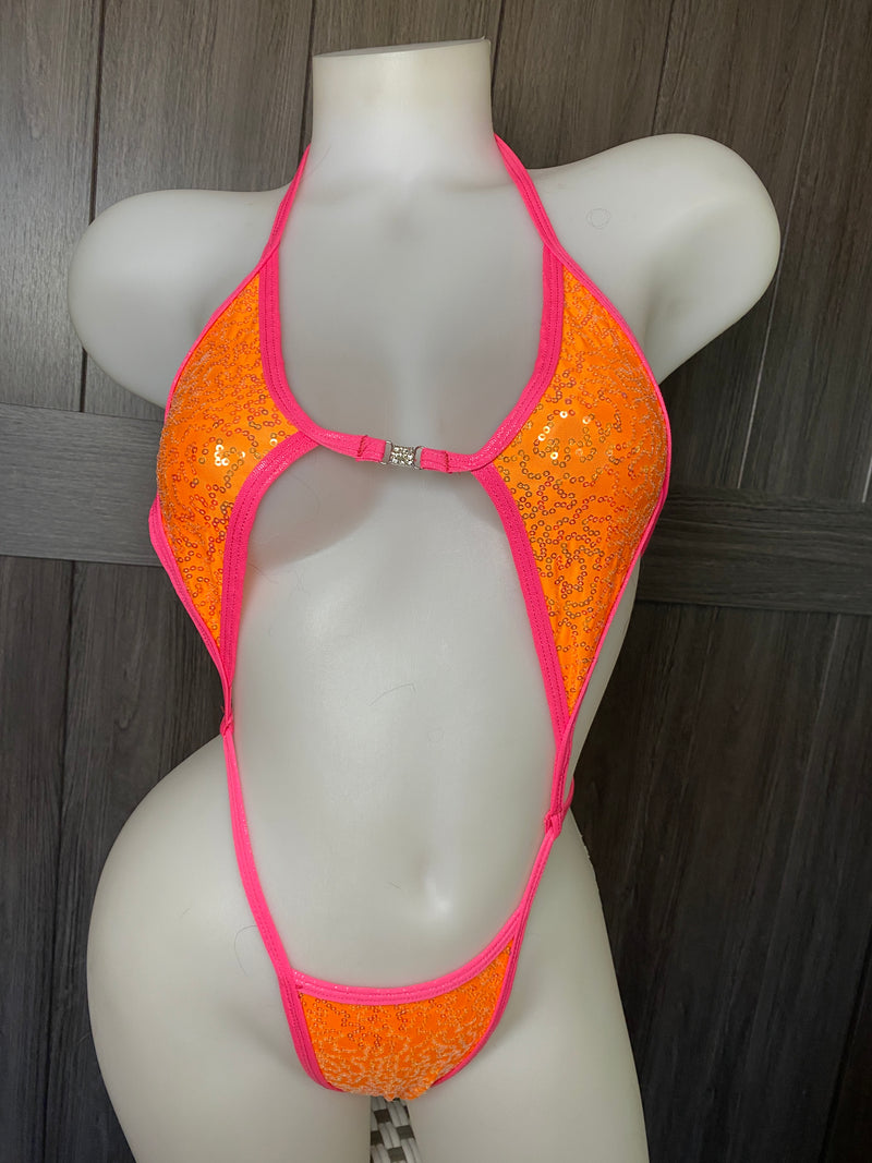 JILLYROCKS 1 Pc Exotic Orange sequin DIAMOND thong bodysuit