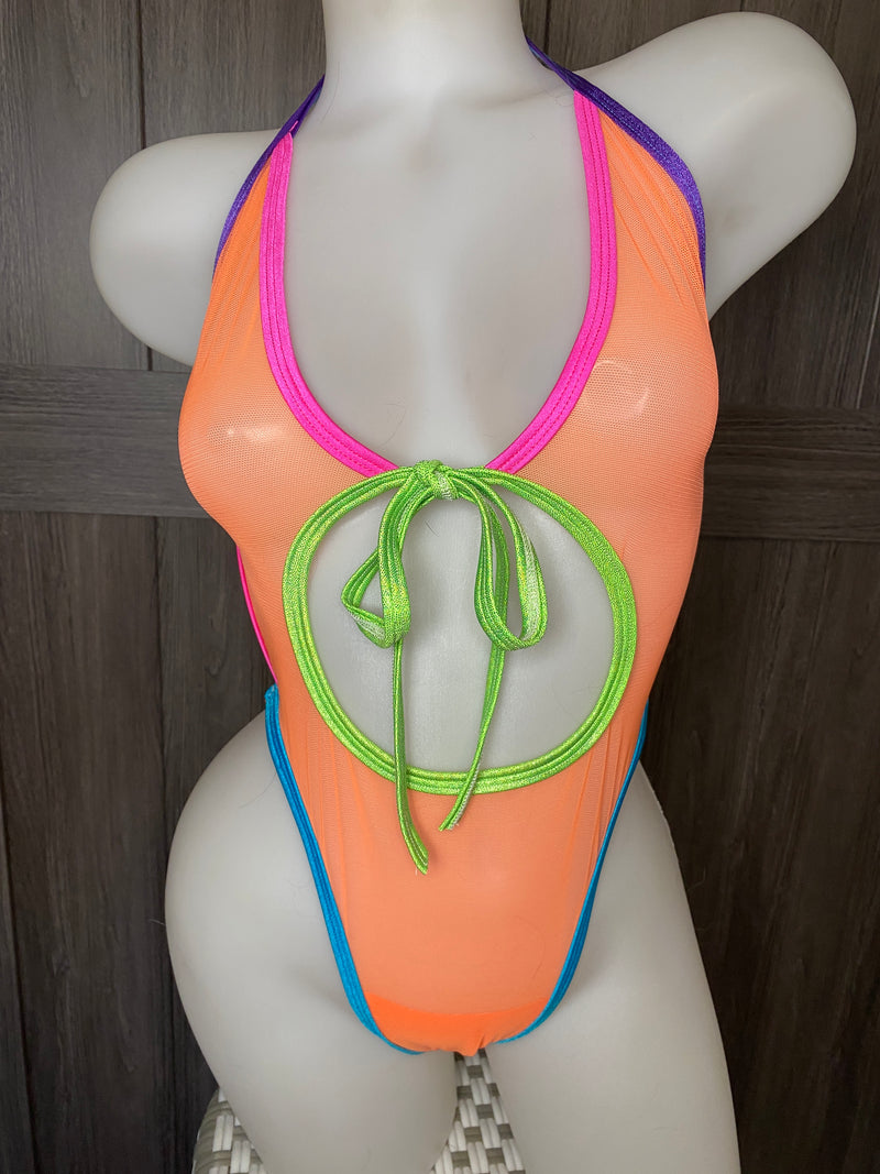 JILLYROCKS 1 Pc Orange sheer mesh high waist thong bodysuit