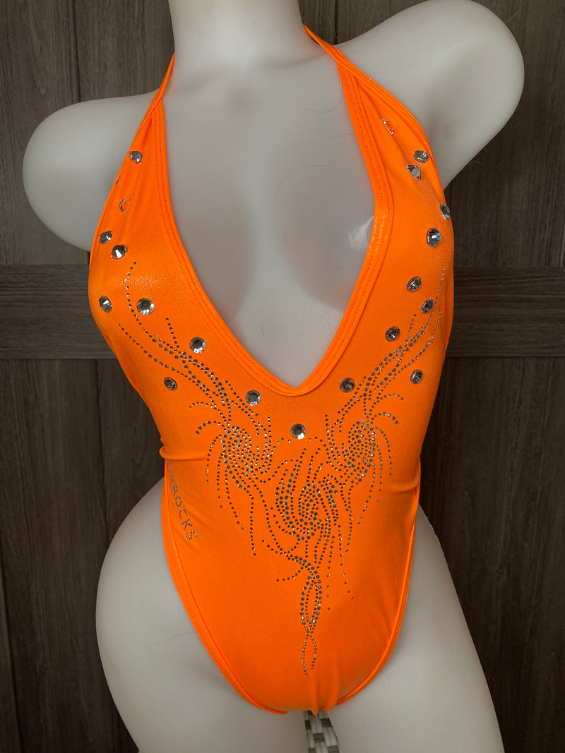 JILLYROCKS 1 Pc Neon orange wet look adjustable tie Rhinestone bling Tonga Bodysuit