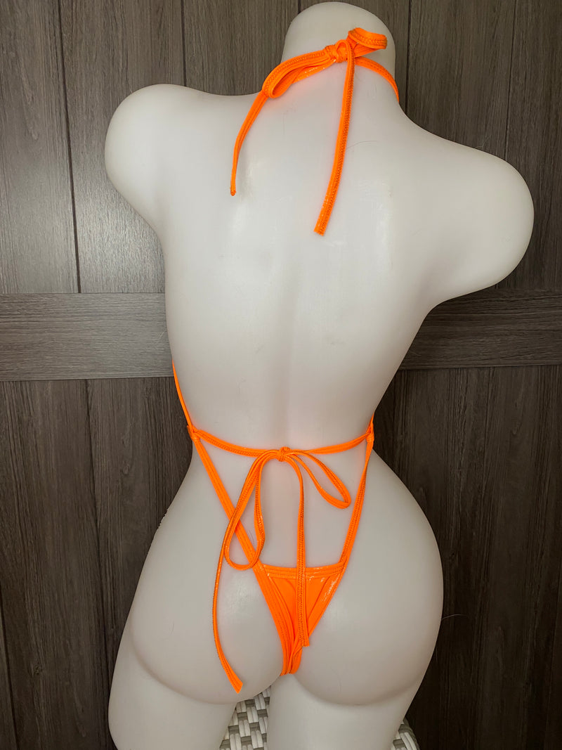 JILLYROCKS 1 Pc Neon orange wet look adjustable tie Rhinestone bling Tonga Bodysuit