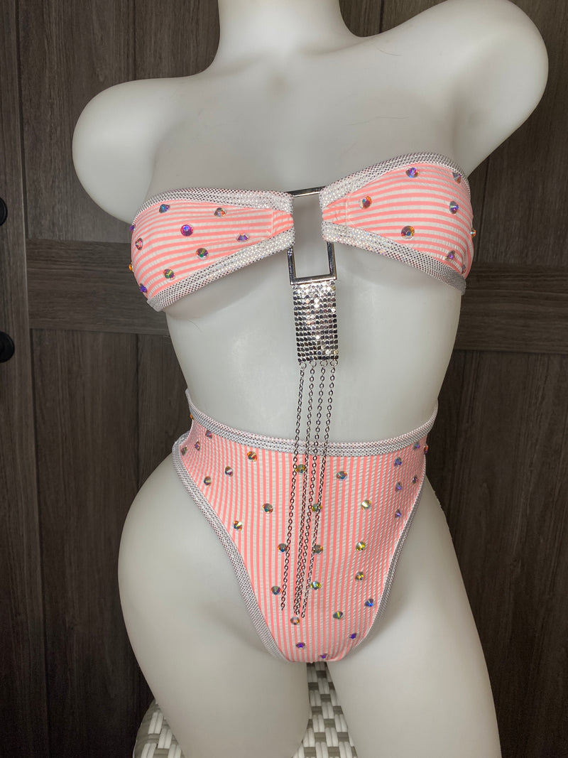 JILLYROCKS 2 PC Exotic TD bikini top Highwaist elastic thong Orange white stripe bikini set