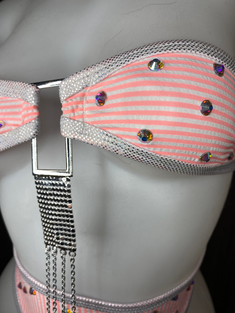 JILLYROCKS 2 PC Exotic TD bikini top Highwaist elastic thong Orange white stripe bikini set