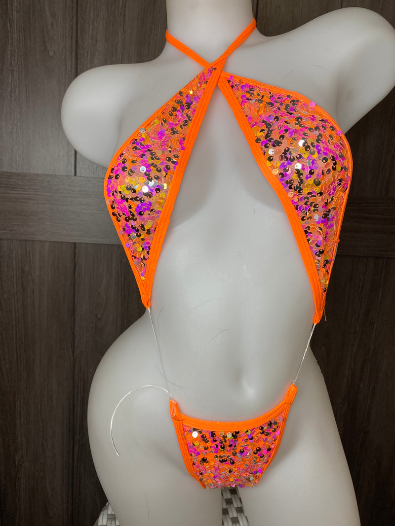 JILLYROCKS 1 Pc Orange  Pink sequin invisible clear thong Slingshot bikini
