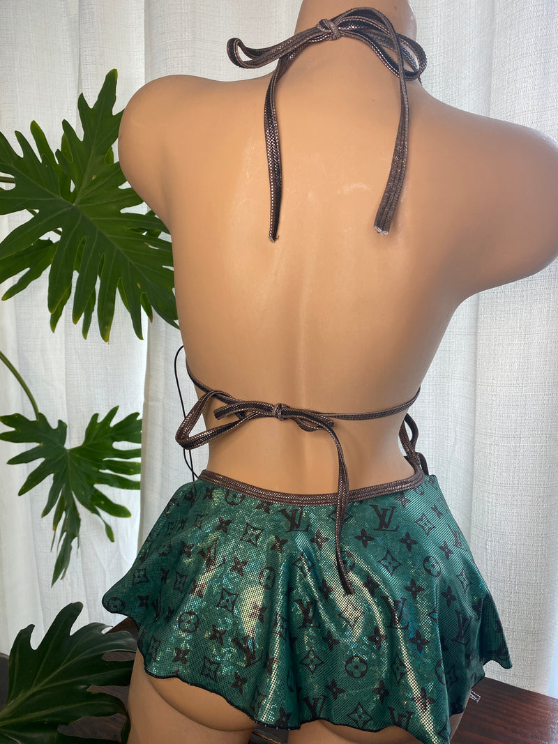 JILLYROCKS 3 Pc Tie skirt set UB triangle top micro elastic thong MONEY Green logo set
