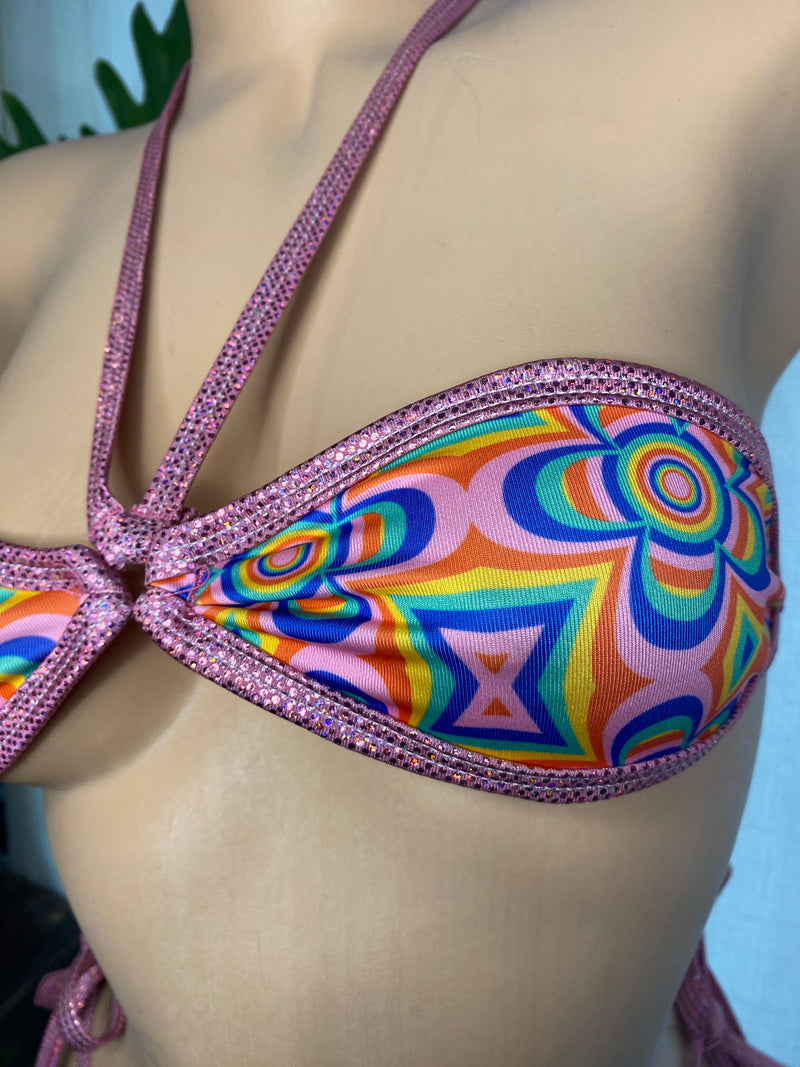 JILLYROCKS 2 Pc TD bikini top tie side thong RETRO Pink print for RAVE festival fit sexy exotic costume