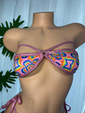 JILLYROCKS 2 Pc TD bikini top tie side thong RETRO Pink print for RAVE festival fit sexy exotic costume