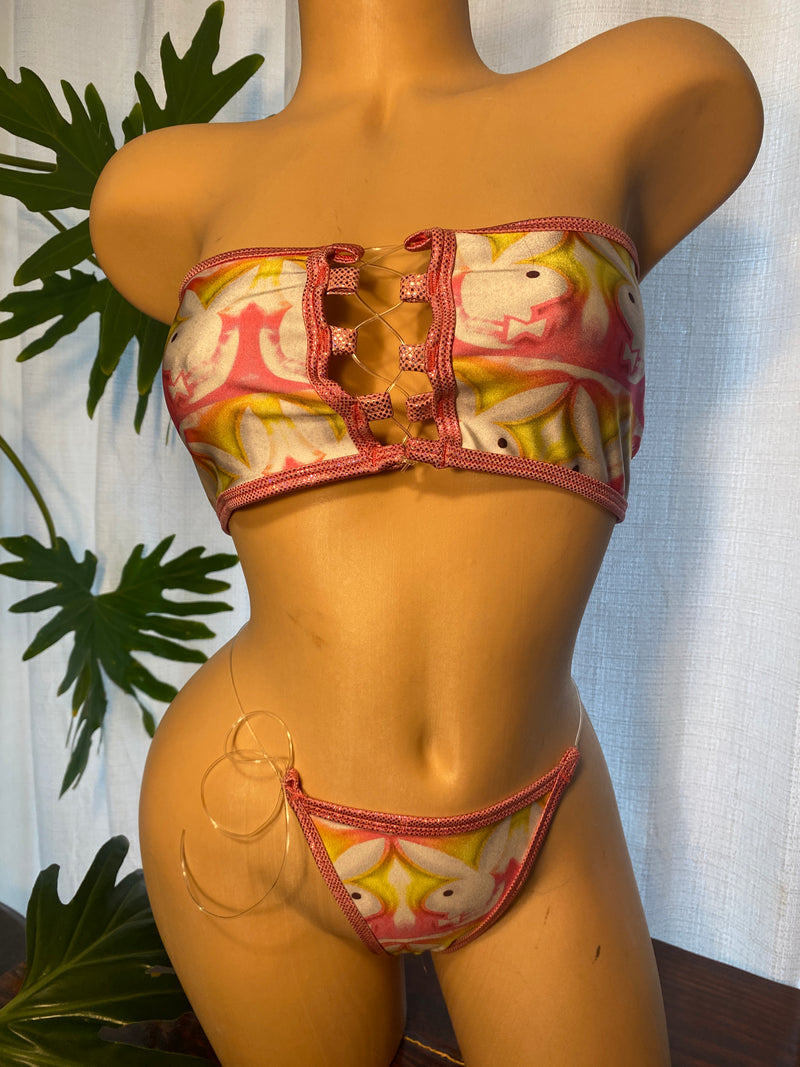 JILLYROCKS 2 Pc  Bunny print Invisible tube top Sexy invisible thong Neon pink yellow vibrant colors
