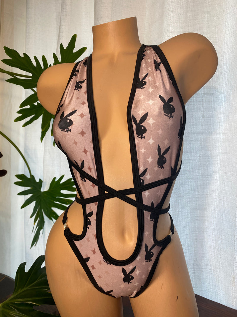 JILLYROCKS 1 Pc Bunny Mauve Black print Sexy thong bikini Exotic bodysuit