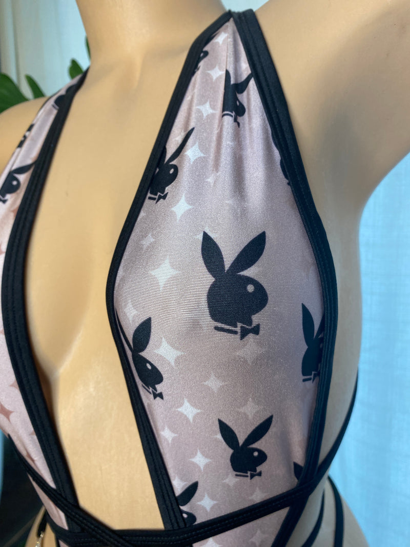 JILLYROCKS 1 Pc Bunny Mauve Black print Sexy thong bikini Exotic bodysuit