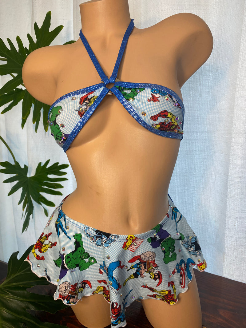 JILLYROCKS 2 pc Blue SUPERHERO print TD strap bikini top Flare comic skirt exotic set rhinestone bling