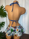 JILLYROCKS 2 pc Blue SUPERHERO print TD strap bikini top Flare comic skirt exotic set rhinestone bling