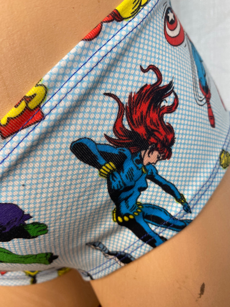 JILLYROCKS 2 Pc Blue SUPERHERO print Triangle top booty short set