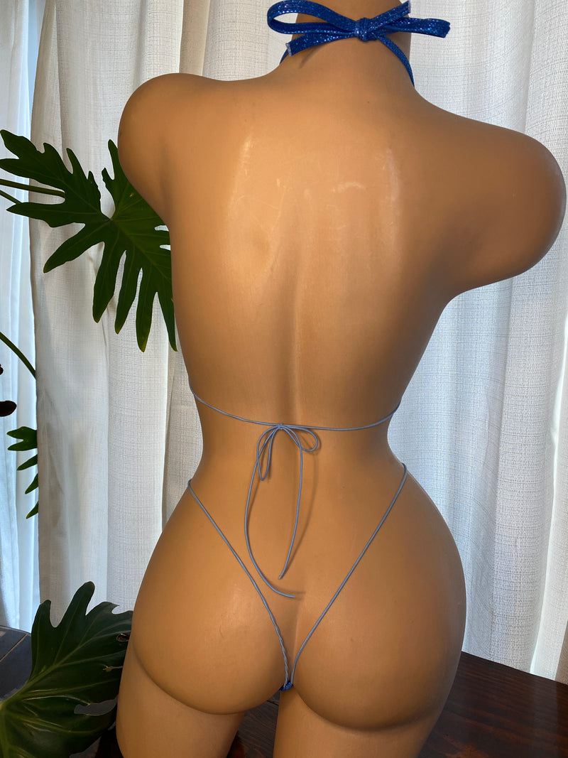 JILLYROCKS 2 PC Blue SUPERHERO print Under boob triangle top micro thong