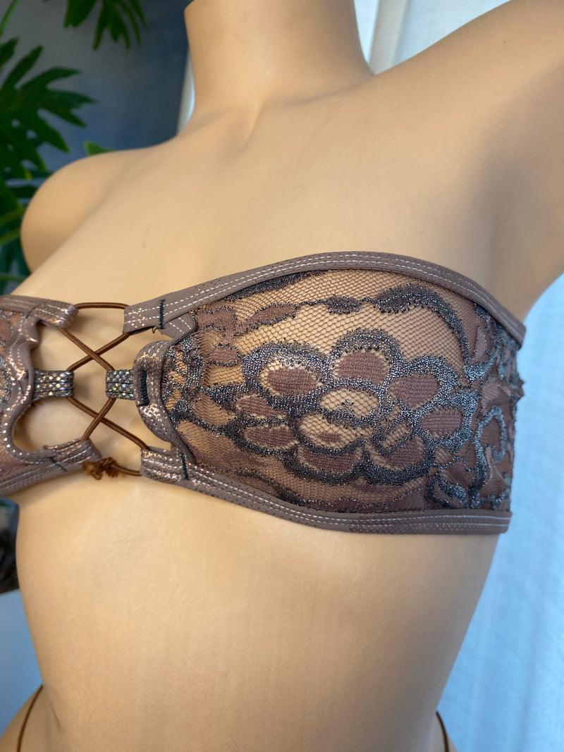 JILLYROCKS 2 Pc Brown shimmer lace invisible tie Tube top Micro thong bikini set
