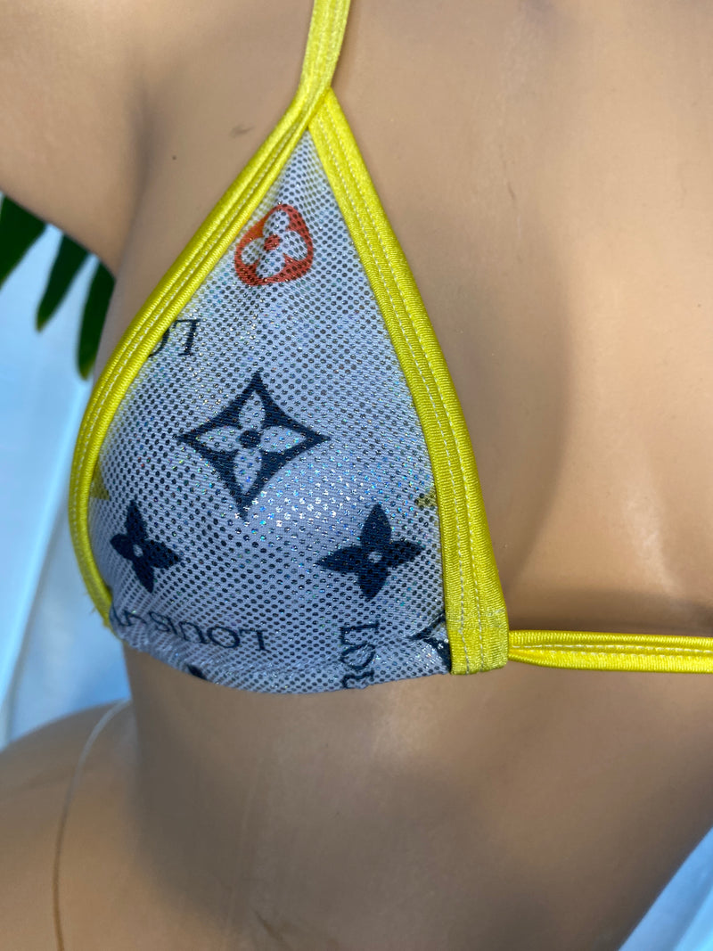JILLYROCKS 2 PC Silver yellow Logo Triangle top Micro bikini bottom