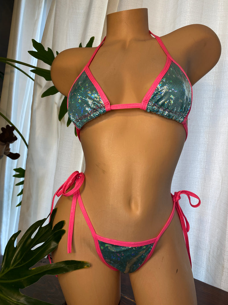 JILLYROCKS 2 PC Sexy Shiny turquoise Neon pink trim thong bikini