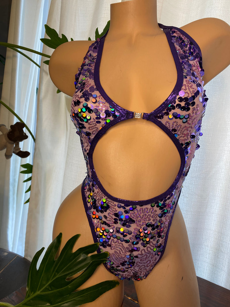 JILLYROCKS 1 Pc Lavender sequin mesh purple exotic thong bodysuit