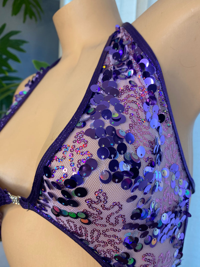 JILLYROCKS 1 Pc Lavender sequin mesh purple exotic thong bodysuit