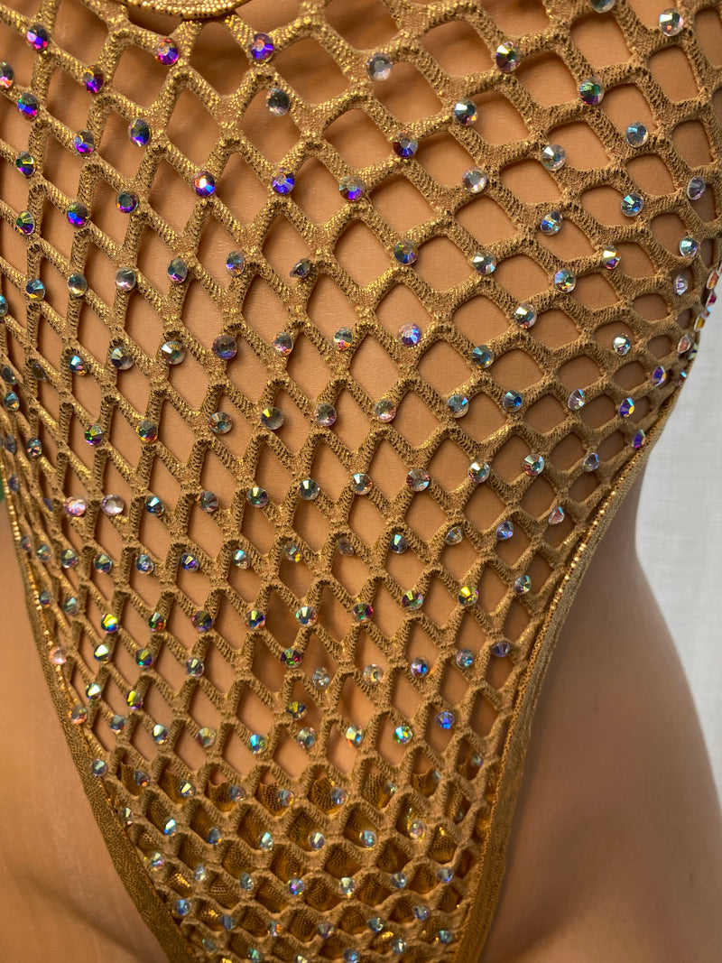 JILLYROCKS 1 Pc Gold cabaret net PBS Exotic thong bodysuit Crystal rhinestone BLING