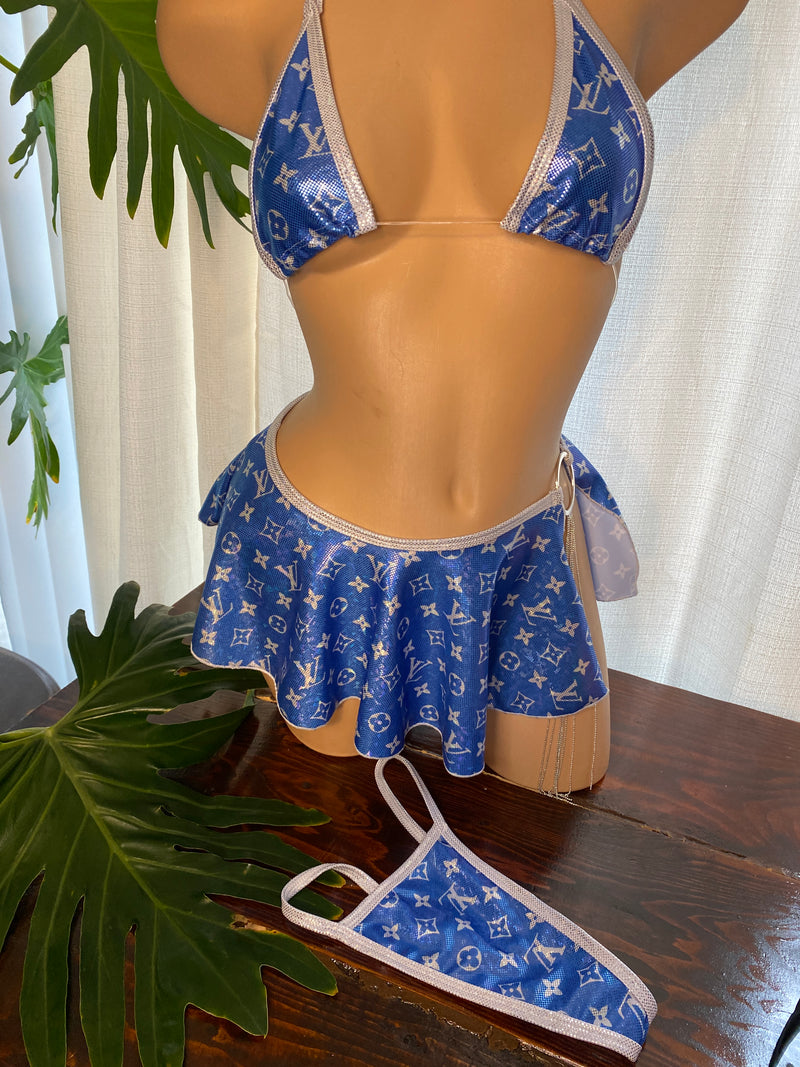 JILLYROCKS 3 PC Blue LOGO Invisible triangle top thong O-ring chain flare skirt