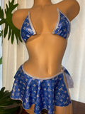 JILLYROCKS 3 PC Blue LOGO Invisible triangle top thong O-ring chain flare skirt