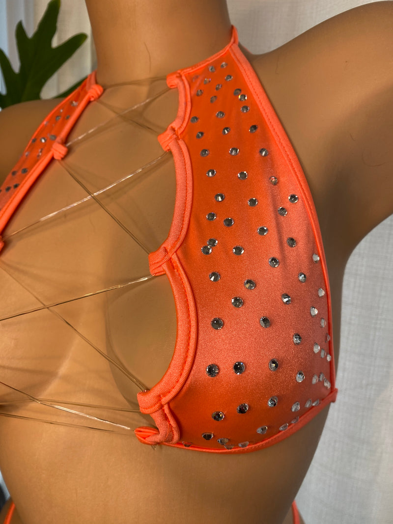 JILLYROCKS 2 pc Orange invisible halter top thong exotic crystal rhinestone bling bikini