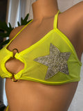 JILLYROCKS 2 pc Neon yellow sheer Rhinestone STAR crop top thong bikini set