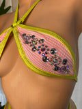 JILLYROCKS 2 pc Peach Seer Sucker Stripe yellow exotic TD bikini top thong crystal rhinestone thong