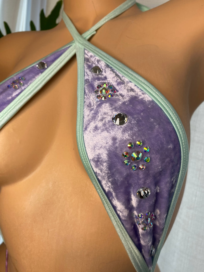 JILLYROCKS 1 pc Lavender Velvet Mint  SLINGSHOT thong crystal rhinestone bling exotic bikini