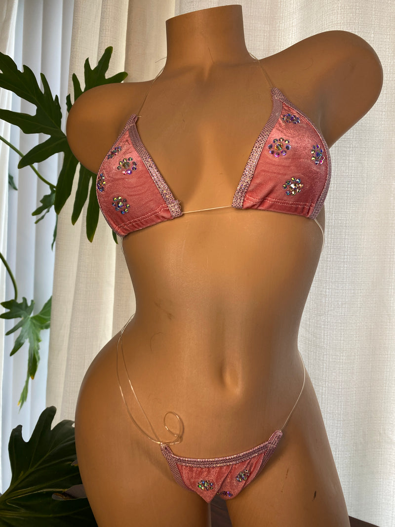 JILLYROCKS 2 PC BABY PINK TRIANGLE TOP INVISIBLE THONG CRYSTAL RHINESTONE BLING