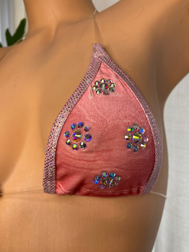 JILLYROCKS 2 PC BABY PINK TRIANGLE TOP INVISIBLE THONG CRYSTAL RHINESTONE BLING
