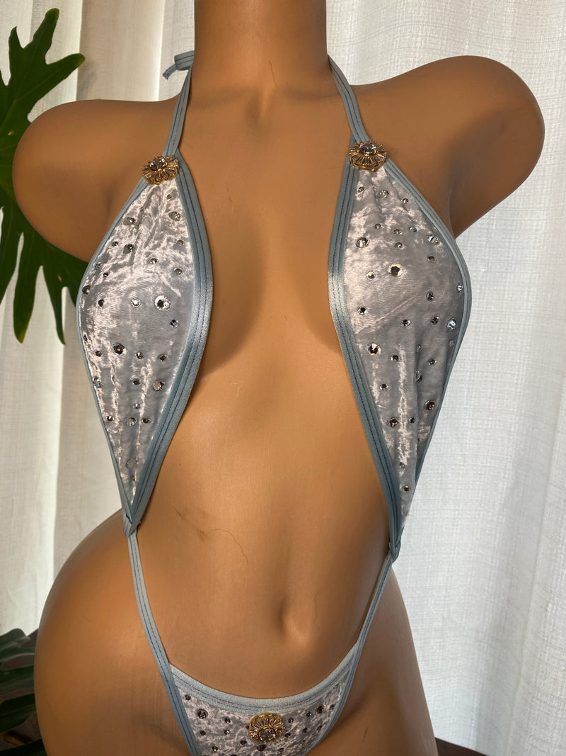 JILLYROCKS 1 PC Baby blue Velvet thong SLINGSHOT crystal rhinestone BLING bikini