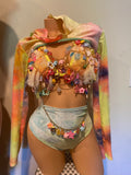 JILLYROCKS 4 PC RAVE SET TRIANGLE TOP CHARM HARNESS HOODED SLEEVES HIGH WAIST SET