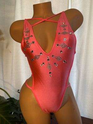 JILLYROCKS 1 Pc Bright Coral 3 strap thong Bodysuit Crystal rhinestone BLING