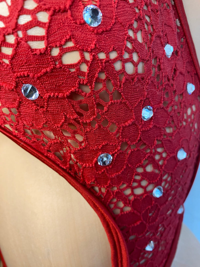 JILLYROCKS 1 PC Red Lace NATALIE thong bodysuit crystal rhinestone BLING