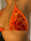 JILLYROCKS 2 PC Neon orange tropical Micro triangle thong bikini crystal rhinestone BLING